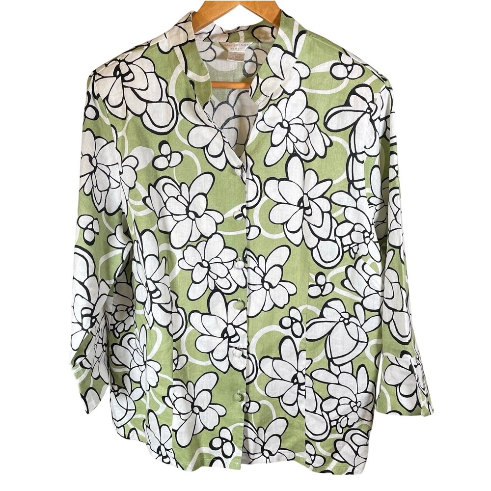 Sarah Spencer Women's Size 1X LINEN Floral Button Down Top Beachy Coastal Resort